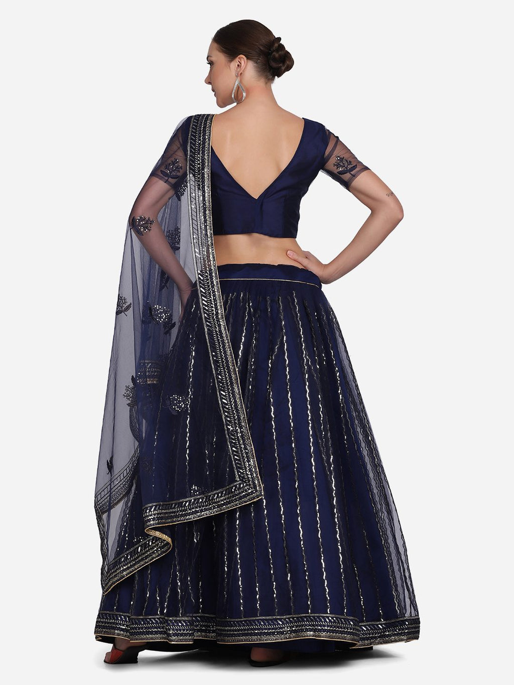 Elegant Navy Blue Embroidered Festive & Wedding Wear Semi-Stitched Net Lehenga Choli with Thread Work Dupatta