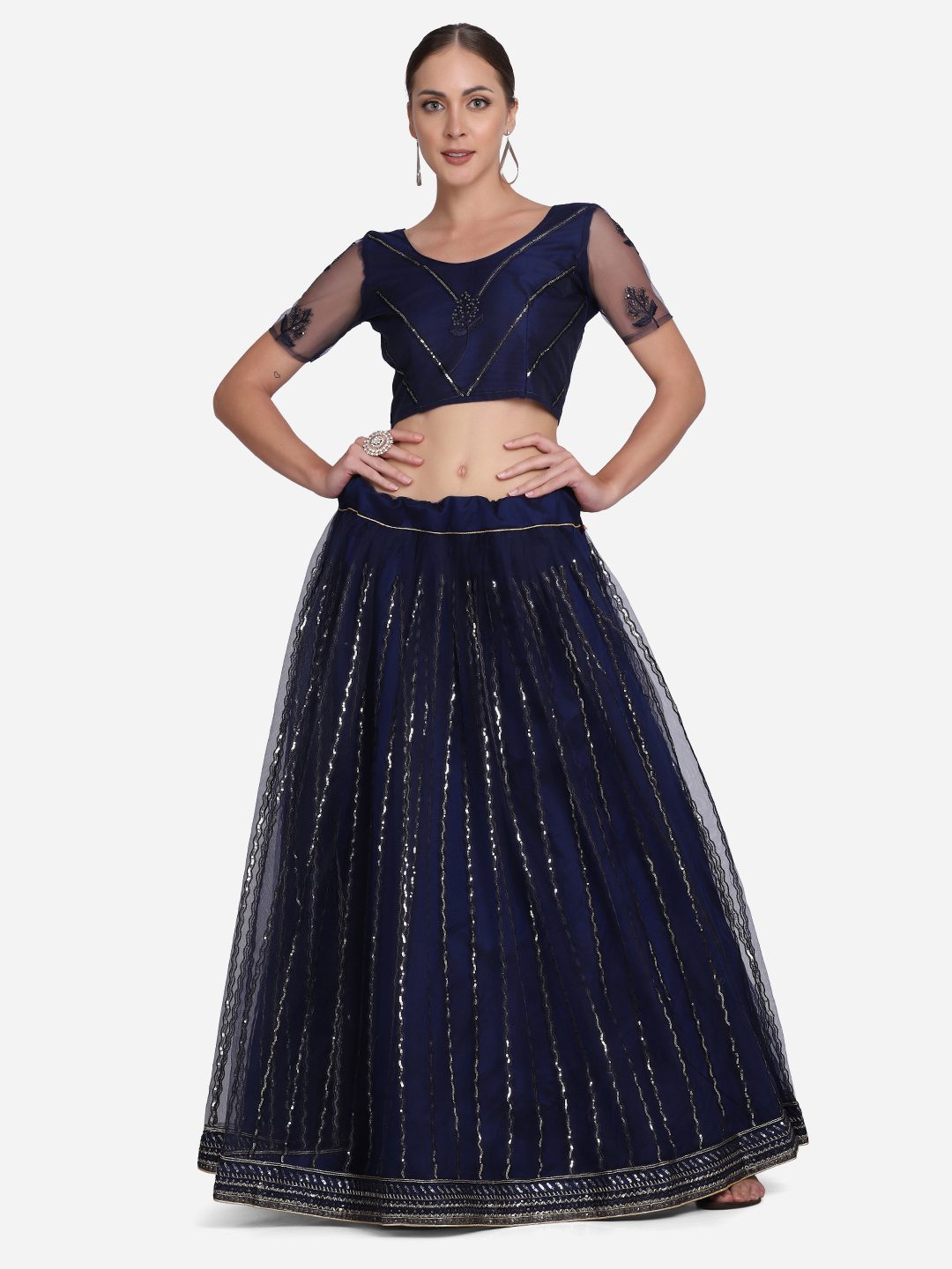 Elegant Navy Blue Embroidered Festive & Wedding Wear Semi-Stitched Net Lehenga Choli with Thread Work Dupatta