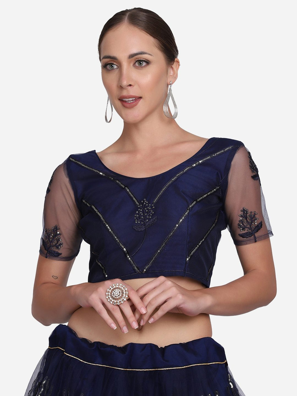 Elegant Navy Blue Embroidered Festive & Wedding Wear Semi-Stitched Net Lehenga Choli with Thread Work Dupatta