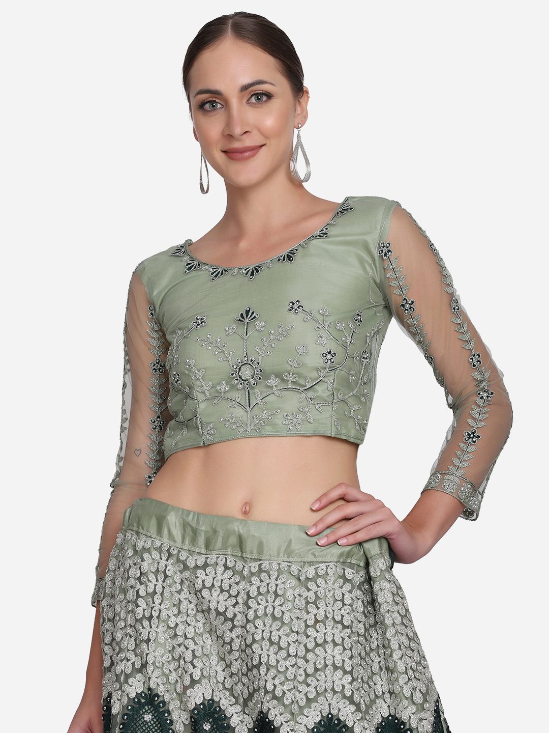 Elegant Pista Green Heavy Embroidered Festive & Wedding Wear Semi-Stitched Net Lehenga Choli with Thread Work Dupatta