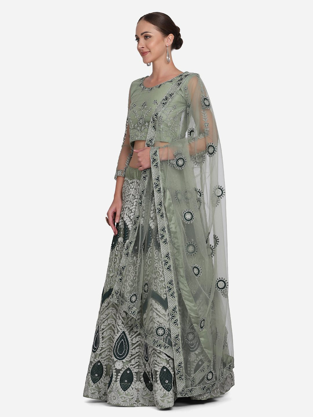 Elegant Pista Green Heavy Embroidered Festive & Wedding Wear Semi-Stitched Net Lehenga Choli with Thread Work Dupatta