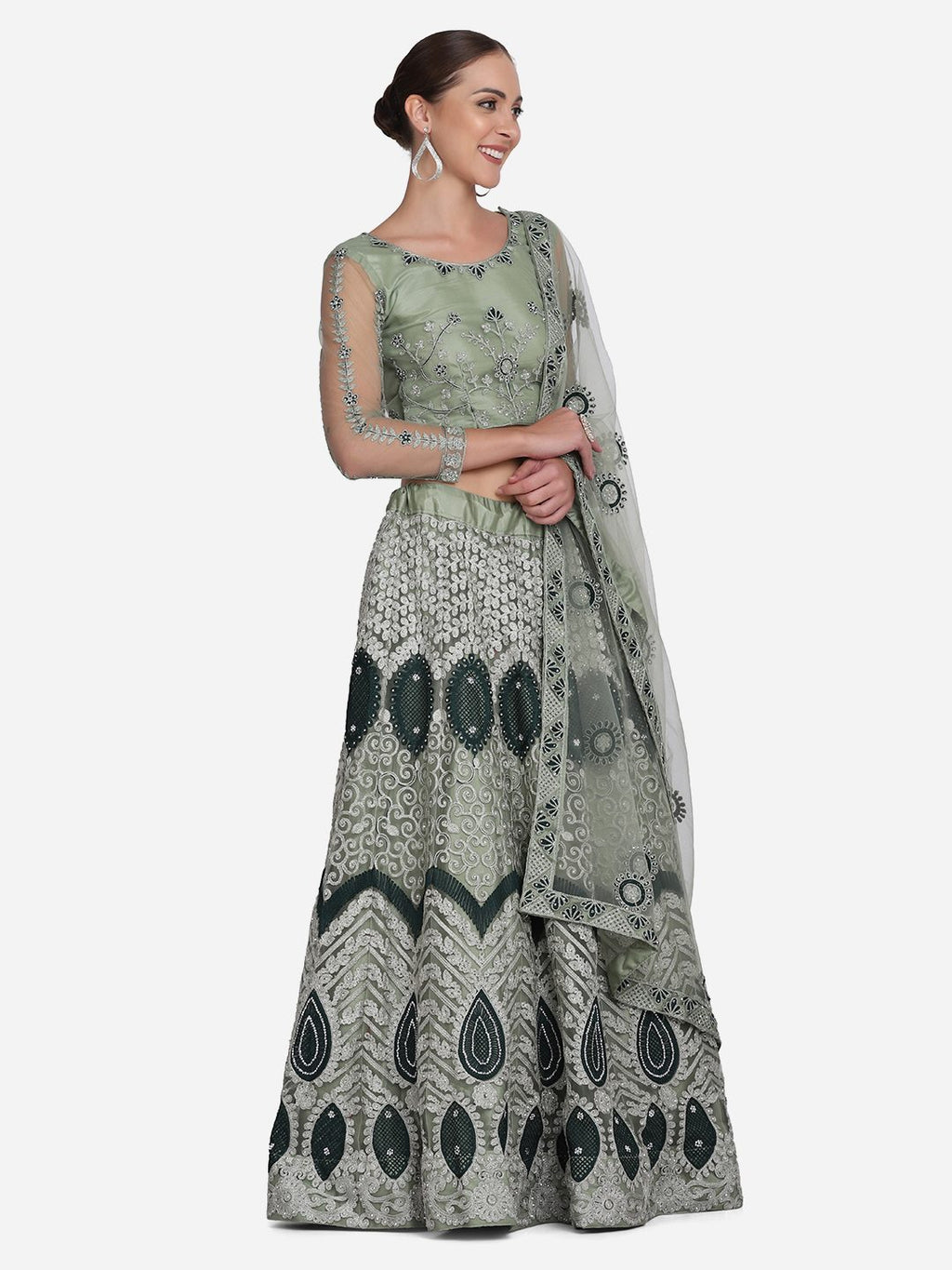 Elegant Pista Green Heavy Embroidered Festive & Wedding Wear Semi-Stitched Net Lehenga Choli with Thread Work Dupatta