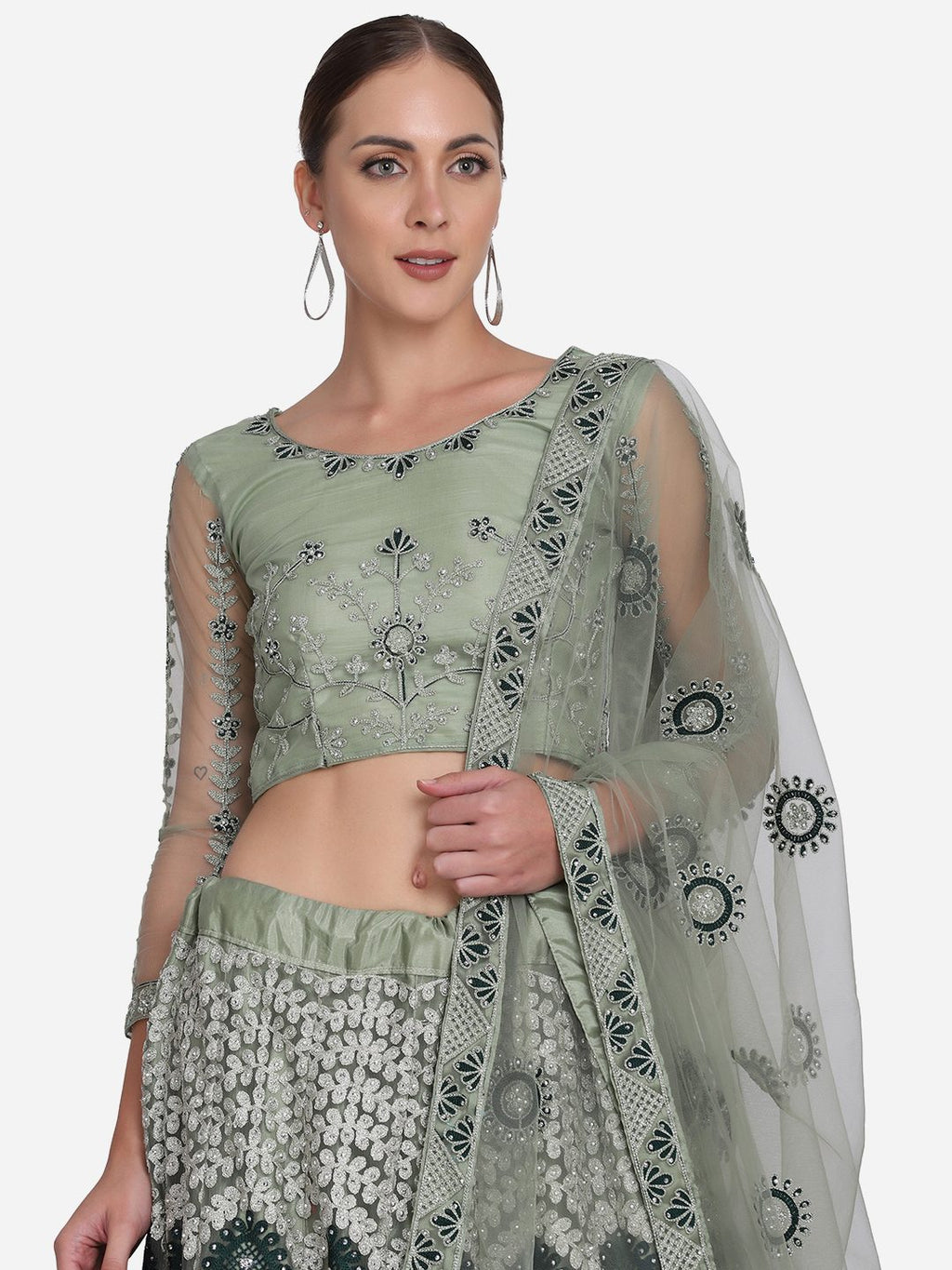 Elegant Pista Green Heavy Embroidered Festive & Wedding Wear Semi-Stitched Net Lehenga Choli with Thread Work Dupatta