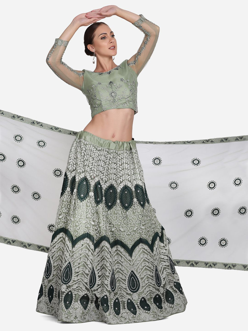 Elegant Pista Green Heavy Embroidered Festive & Wedding Wear Semi-Stitched Net Lehenga Choli with Thread Work Dupatta