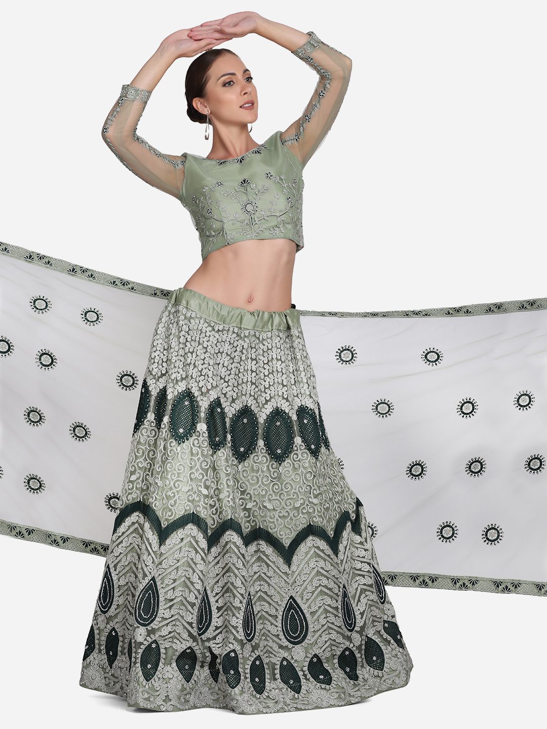 Elegant Pista Green Heavy Embroidered Festive & Wedding Wear Semi-Stitched Net Lehenga Choli with Thread Work Dupatta