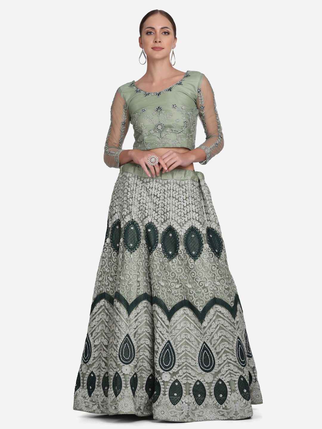Elegant Pista Green Heavy Embroidered Festive & Wedding Wear Semi-Stitched Net Lehenga Choli with Thread Work Dupatta