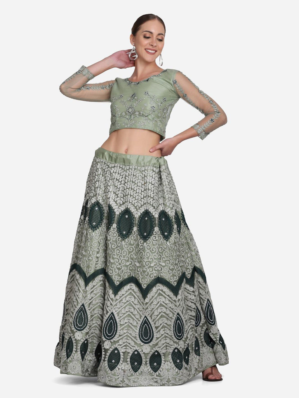 Elegant Pista Green Heavy Embroidered Festive & Wedding Wear Semi-Stitched Net Lehenga Choli with Thread Work Dupatta