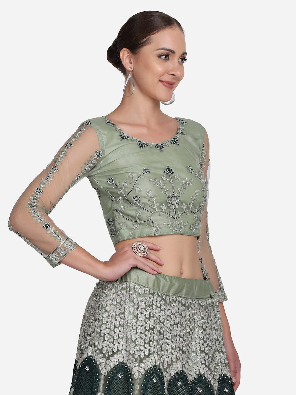 Elegant Pista Green Heavy Embroidered Festive & Wedding Wear Semi-Stitched Net Lehenga Choli with Thread Work Dupatta
