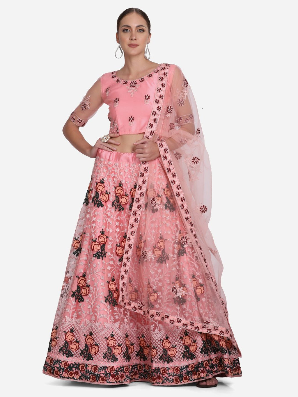 Peach Pink Floral Embroidered Festive & Wedding Wear Semi-Stitched Net Lehenga Choli with Dupatta