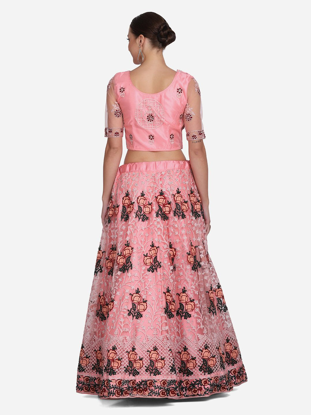 Peach Pink Floral Embroidered Festive & Wedding Wear Semi-Stitched Net Lehenga Choli with Dupatta