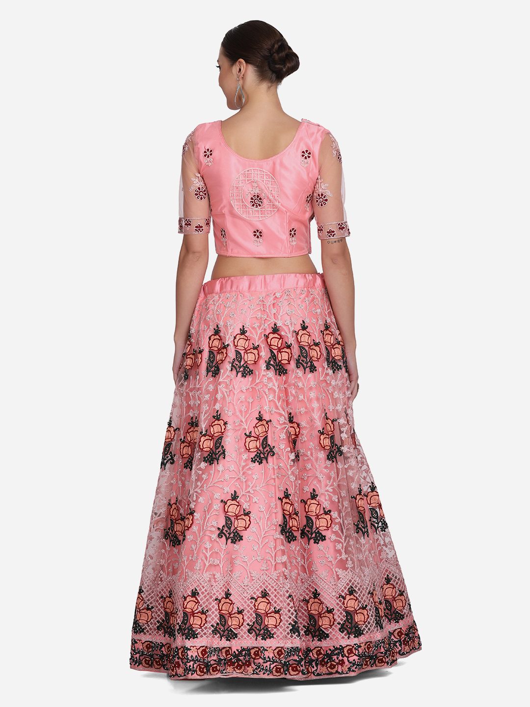 Peach Pink Floral Embroidered Festive & Wedding Wear Semi-Stitched Net Lehenga Choli with Dupatta