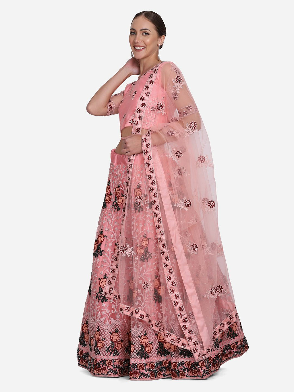 Peach Pink Floral Embroidered Festive & Wedding Wear Semi-Stitched Net Lehenga Choli with Dupatta