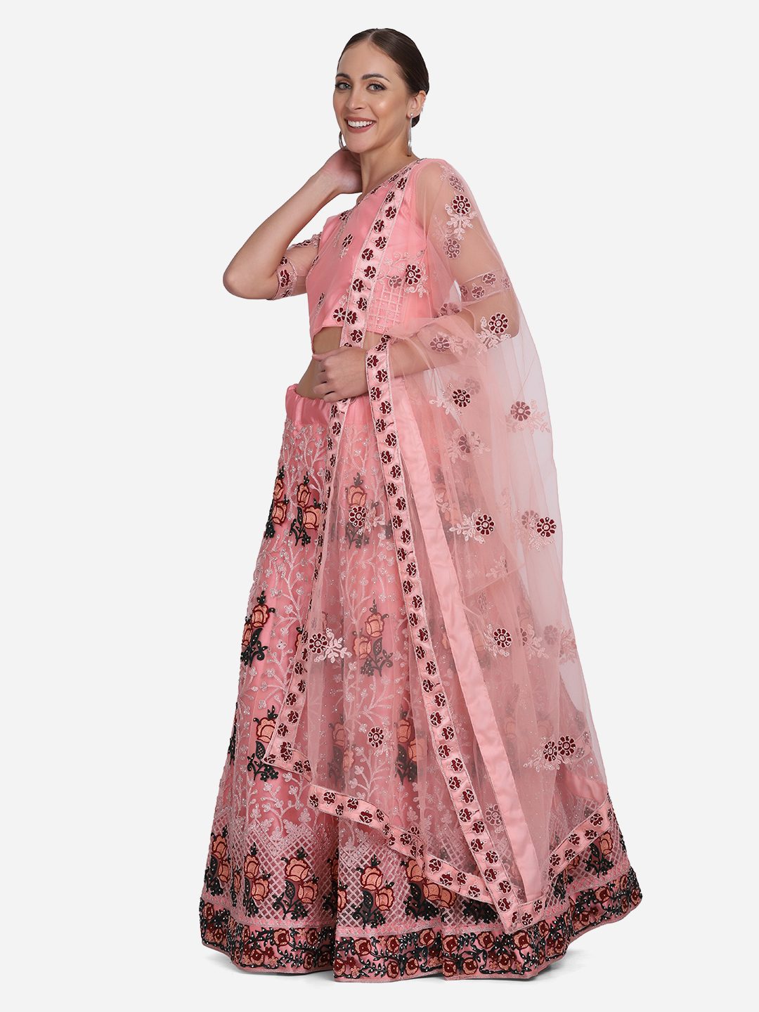 Peach Pink Floral Embroidered Festive & Wedding Wear Semi-Stitched Net Lehenga Choli with Dupatta
