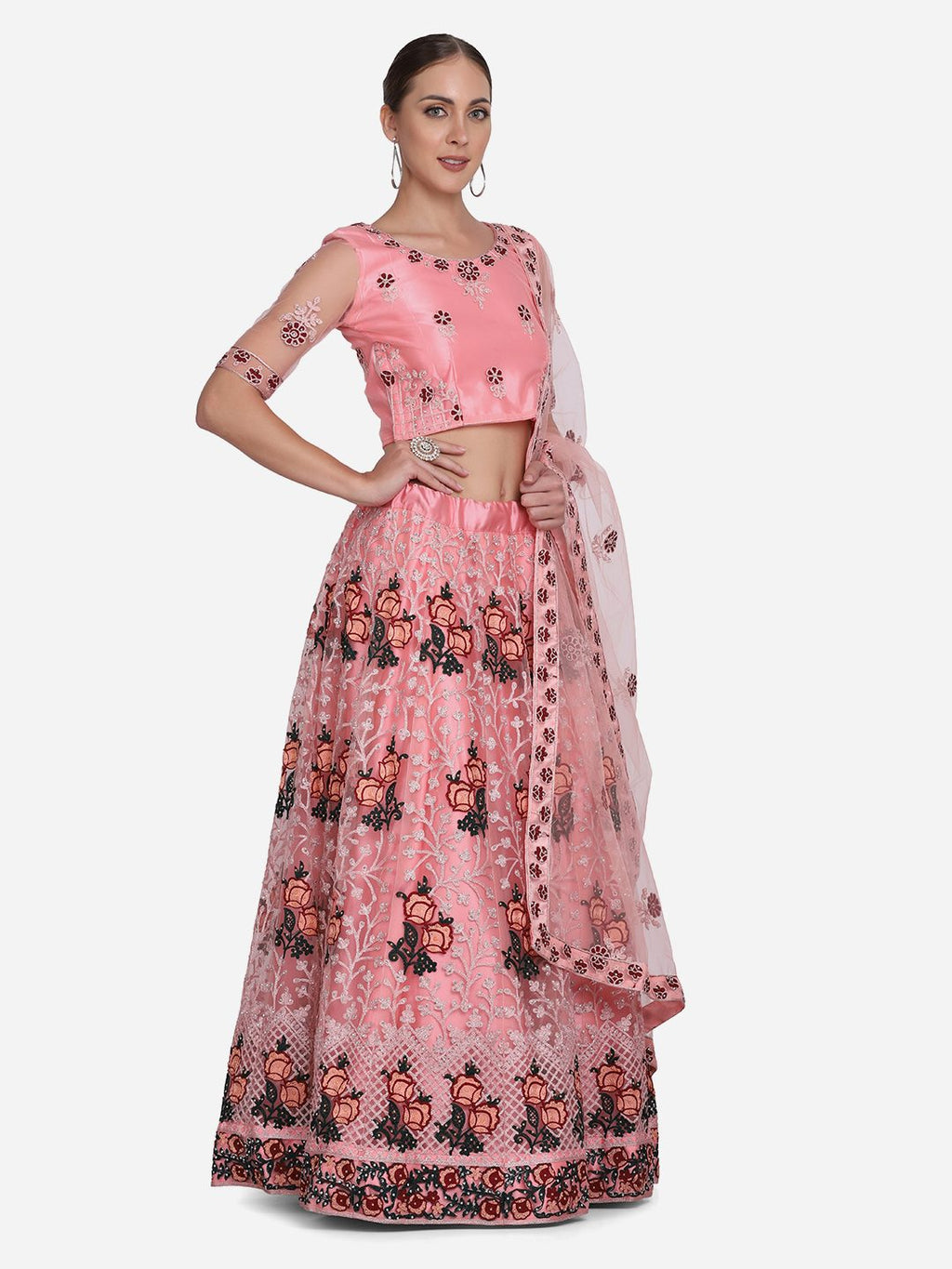Peach Pink Floral Embroidered Festive & Wedding Wear Semi-Stitched Net Lehenga Choli with Dupatta