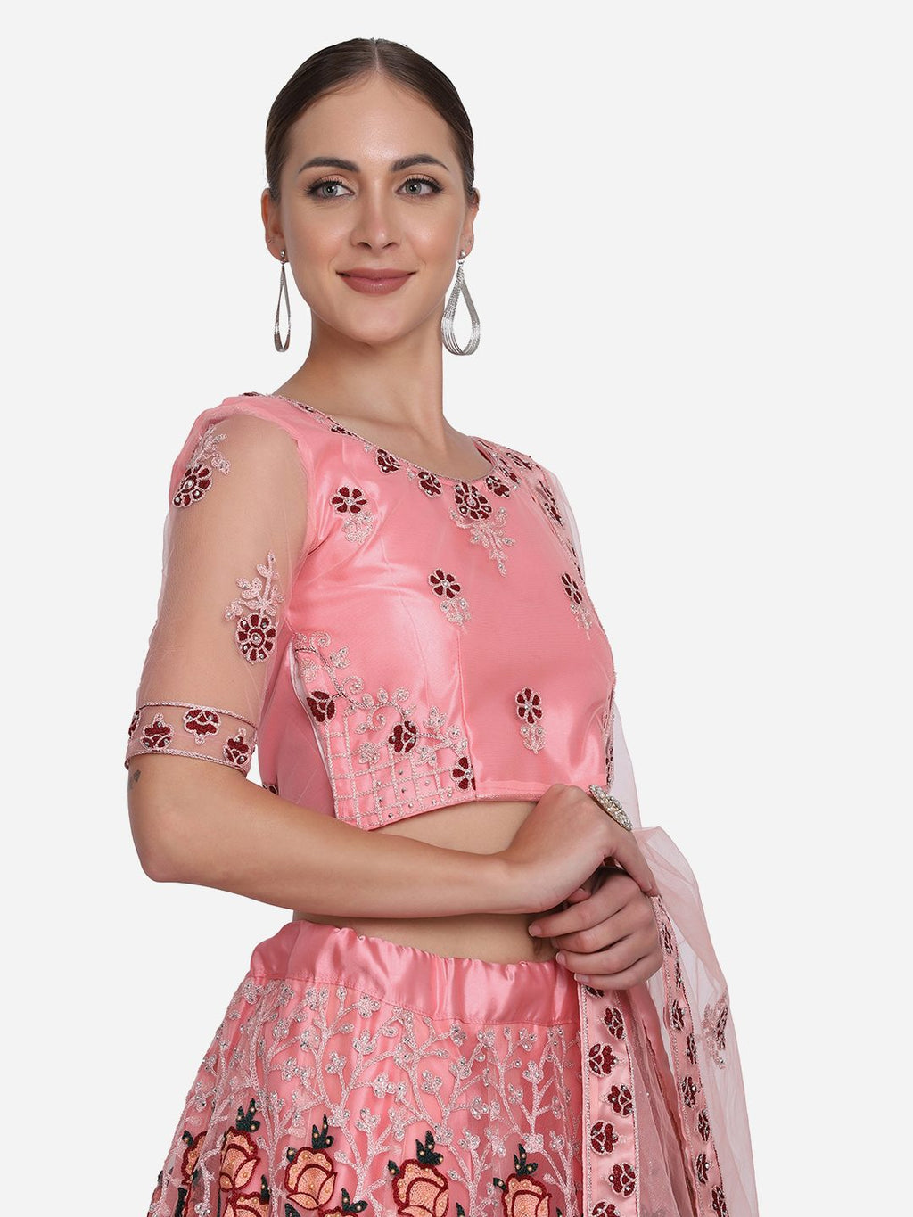 Peach Pink Floral Embroidered Festive & Wedding Wear Semi-Stitched Net Lehenga Choli with Dupatta