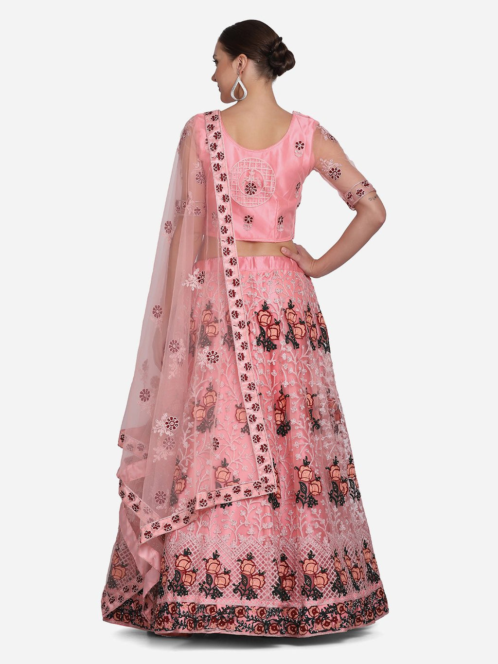 Peach Pink Floral Embroidered Festive & Wedding Wear Semi-Stitched Net Lehenga Choli with Dupatta