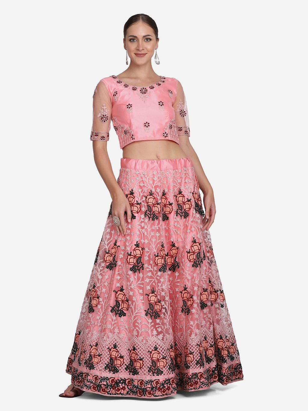 Peach Pink Floral Embroidered Festive & Wedding Wear Semi-Stitched Net Lehenga Choli with Dupatta