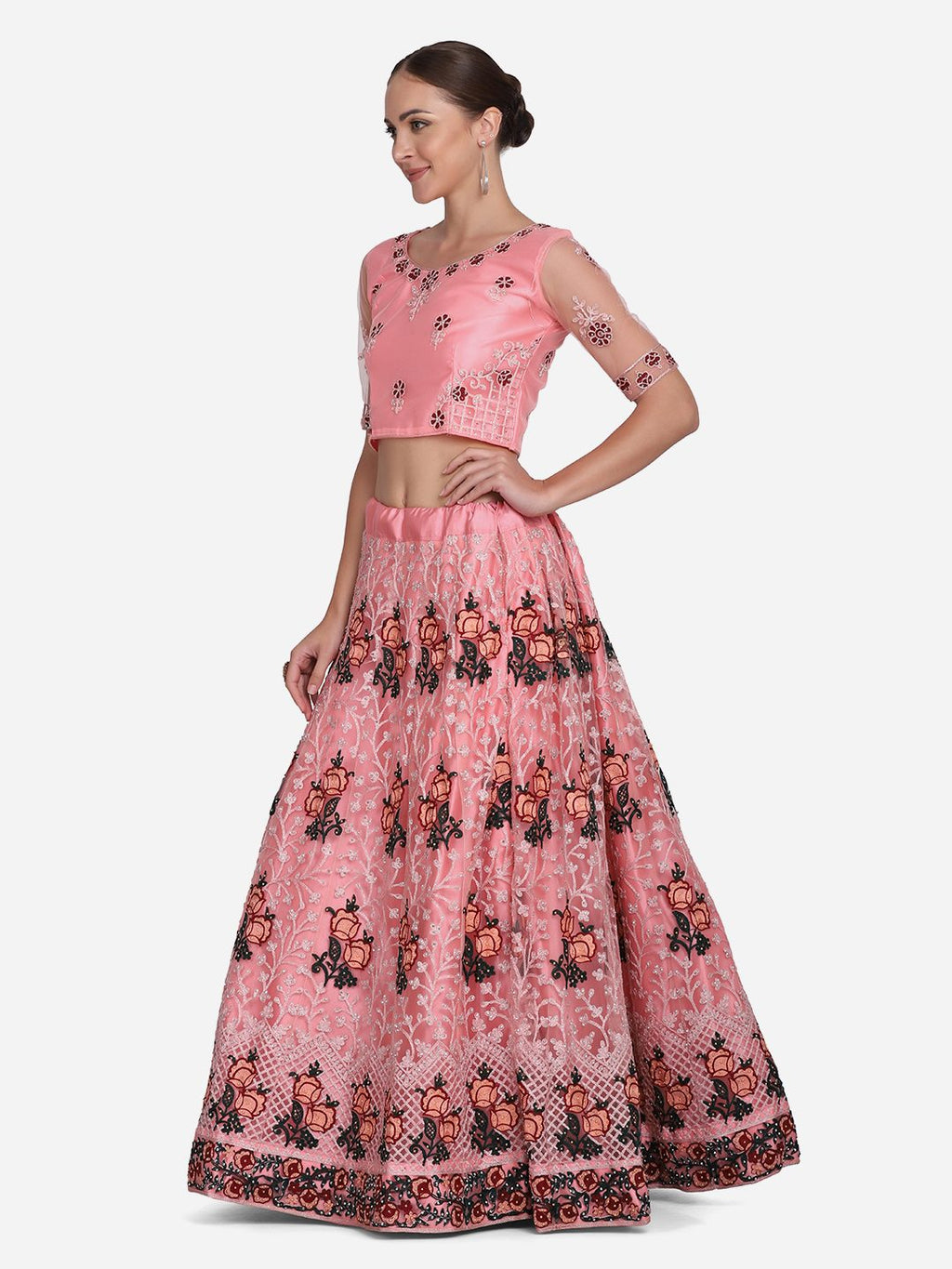 Peach Pink Floral Embroidered Festive & Wedding Wear Semi-Stitched Net Lehenga Choli with Dupatta