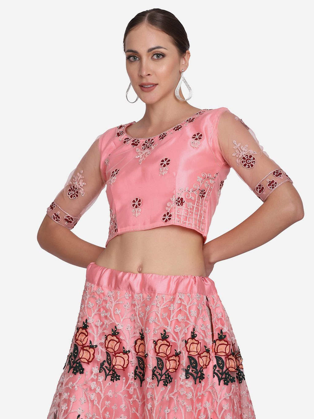Peach Pink Floral Embroidered Festive & Wedding Wear Semi-Stitched Net Lehenga Choli with Dupatta