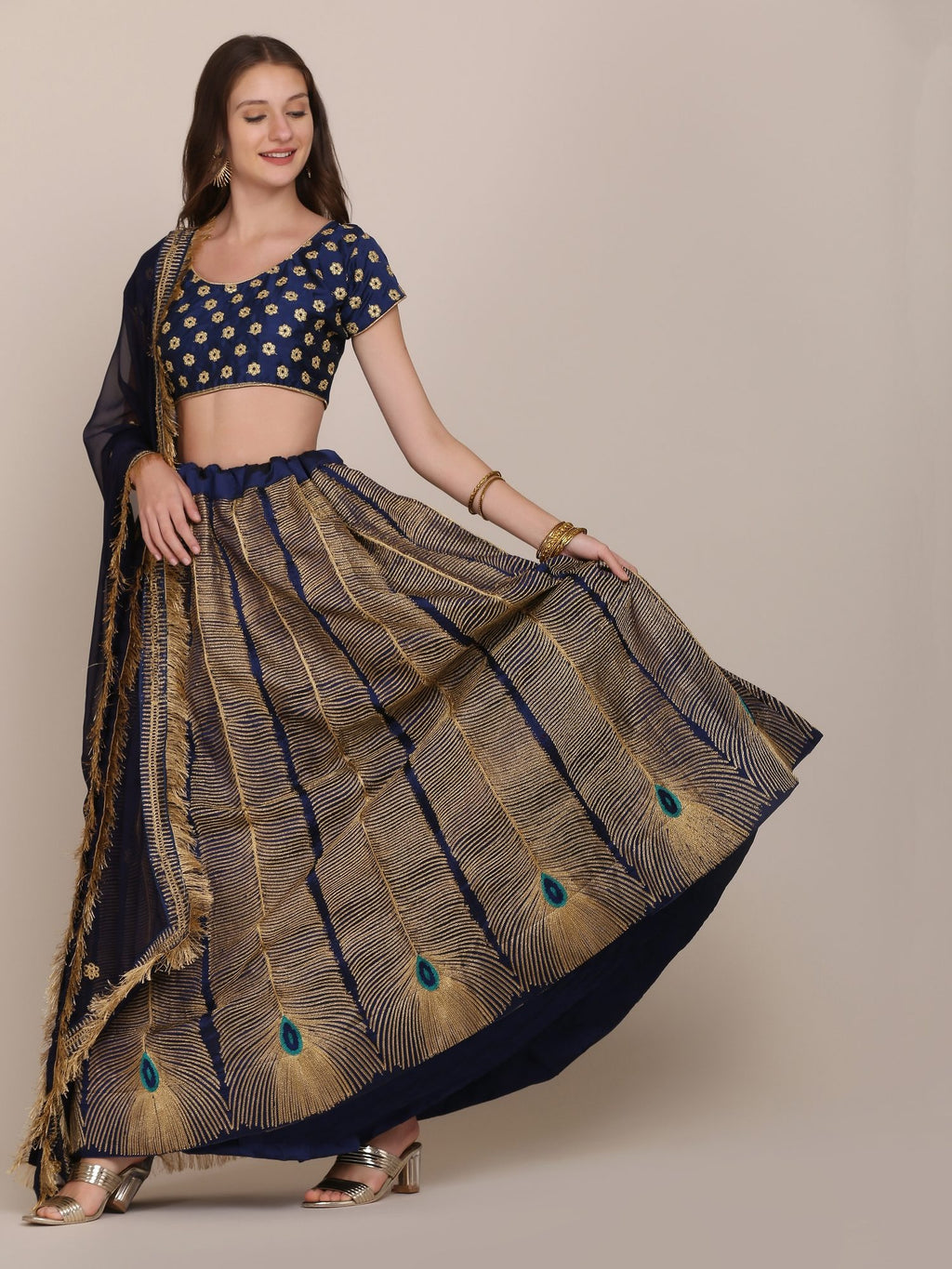 Navy Blue & Gold Peacock Motif Festive & Wedding Wear Semi-Stitched Georgette Lehenga Choli with Foil Print Work