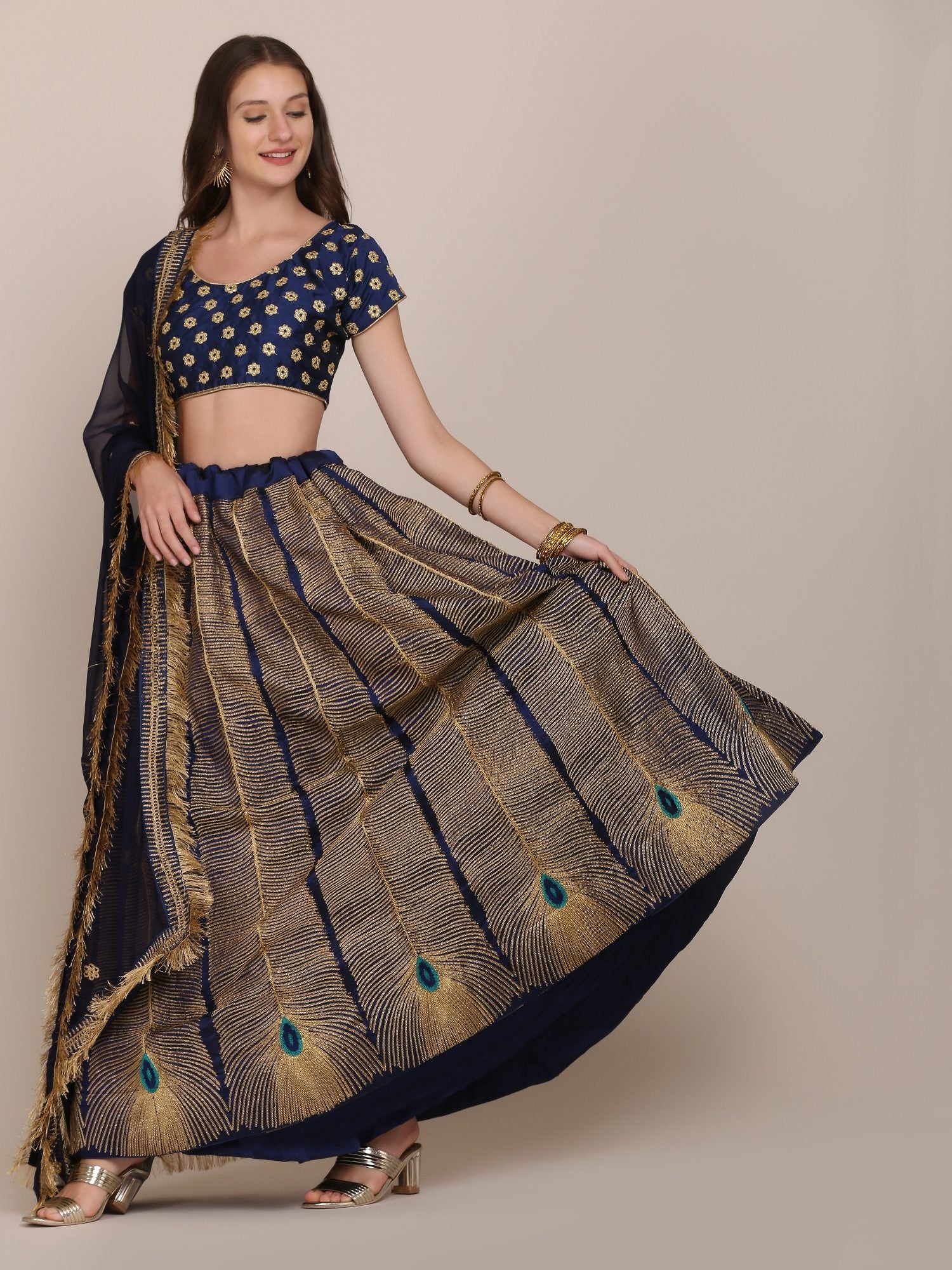 Navy Blue & Gold Peacock Motif Festive & Wedding Wear Semi-Stitched Georgette Lehenga Choli with Foil Print Work