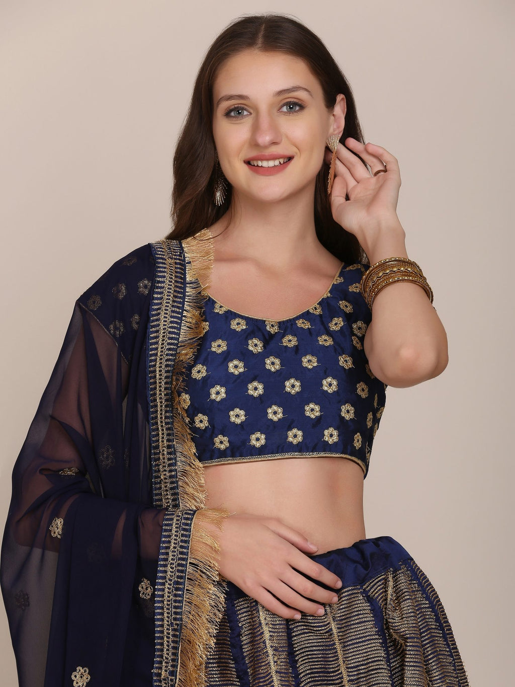 Navy Blue & Gold Peacock Motif Festive & Wedding Wear Semi-Stitched Georgette Lehenga Choli with Foil Print Work