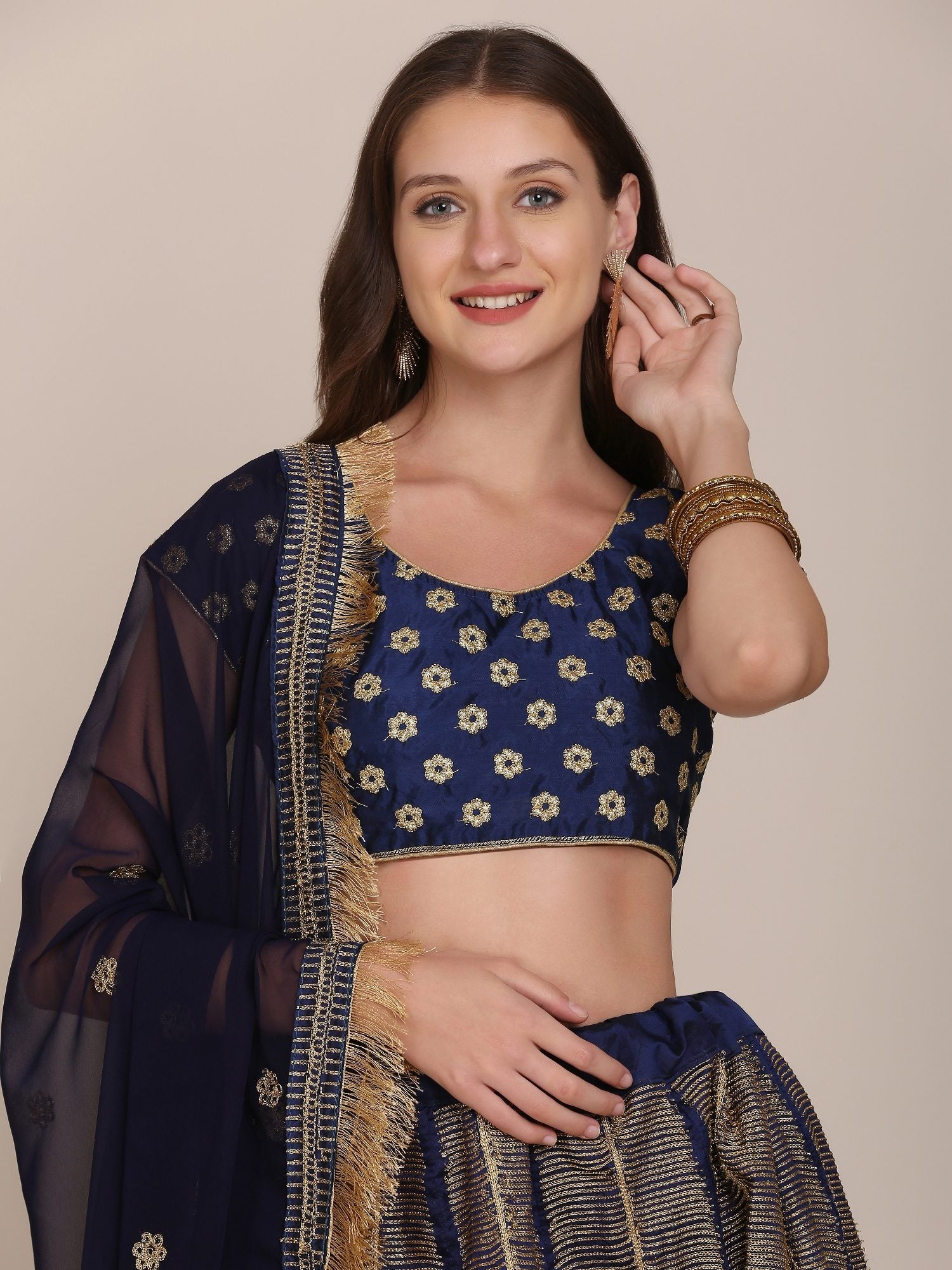 Navy Blue & Gold Peacock Motif Festive & Wedding Wear Semi-Stitched Georgette Lehenga Choli with Foil Print Work