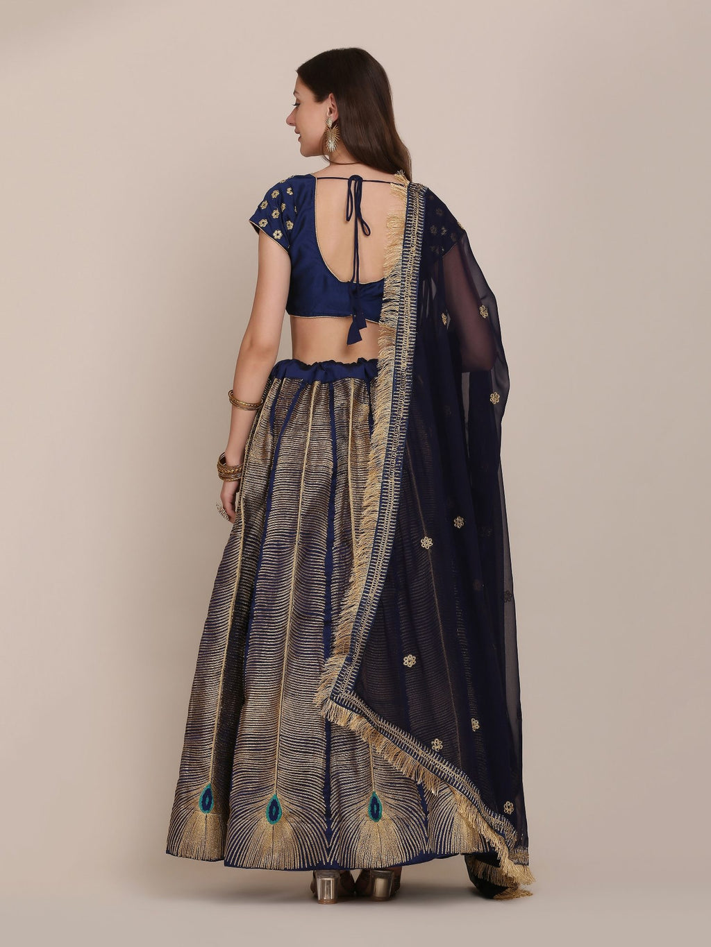 Navy Blue & Gold Peacock Motif Festive & Wedding Wear Semi-Stitched Georgette Lehenga Choli with Foil Print Work