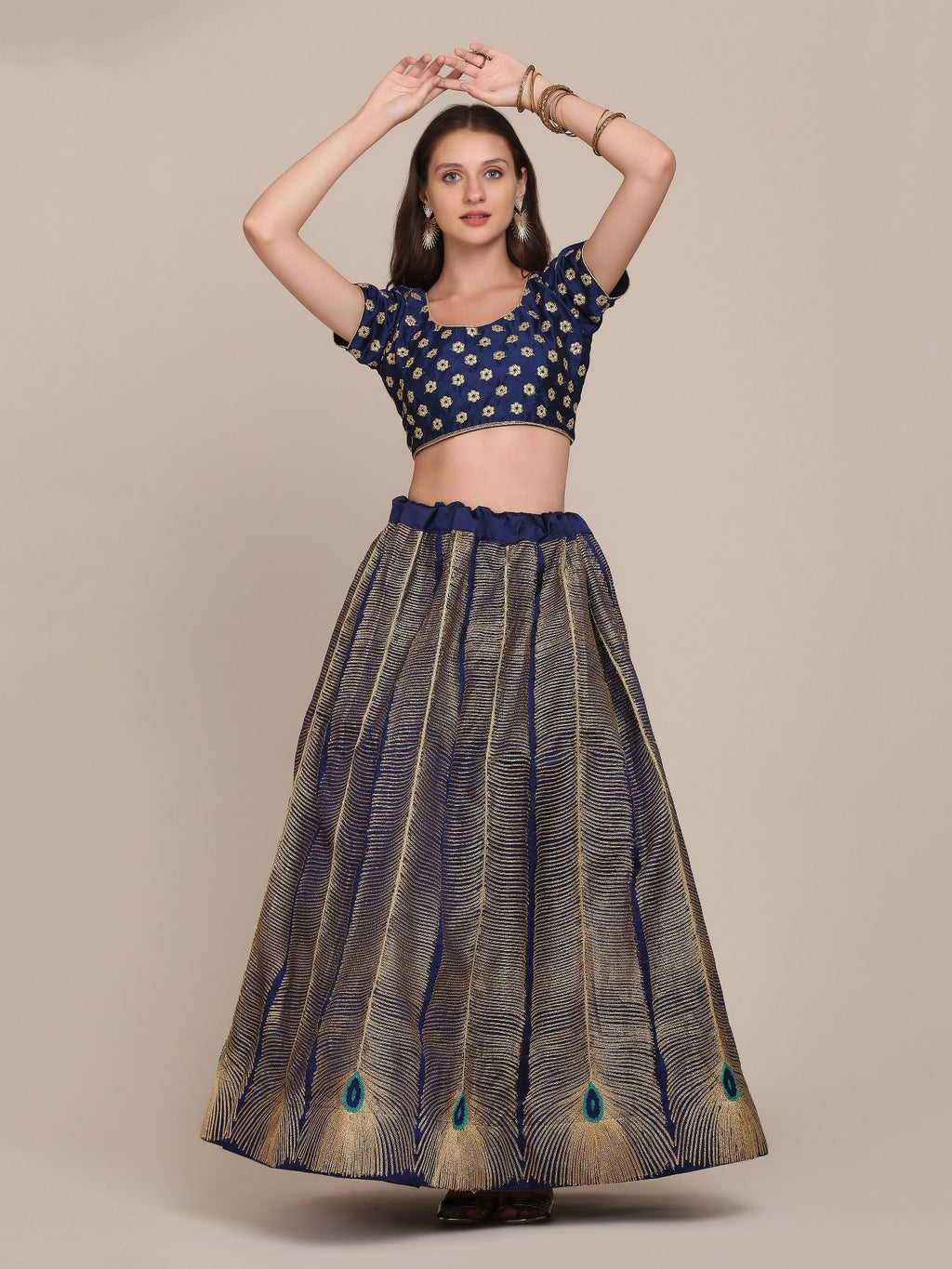Navy Blue & Gold Peacock Motif Festive & Wedding Wear Semi-Stitched Georgette Lehenga Choli with Foil Print Work