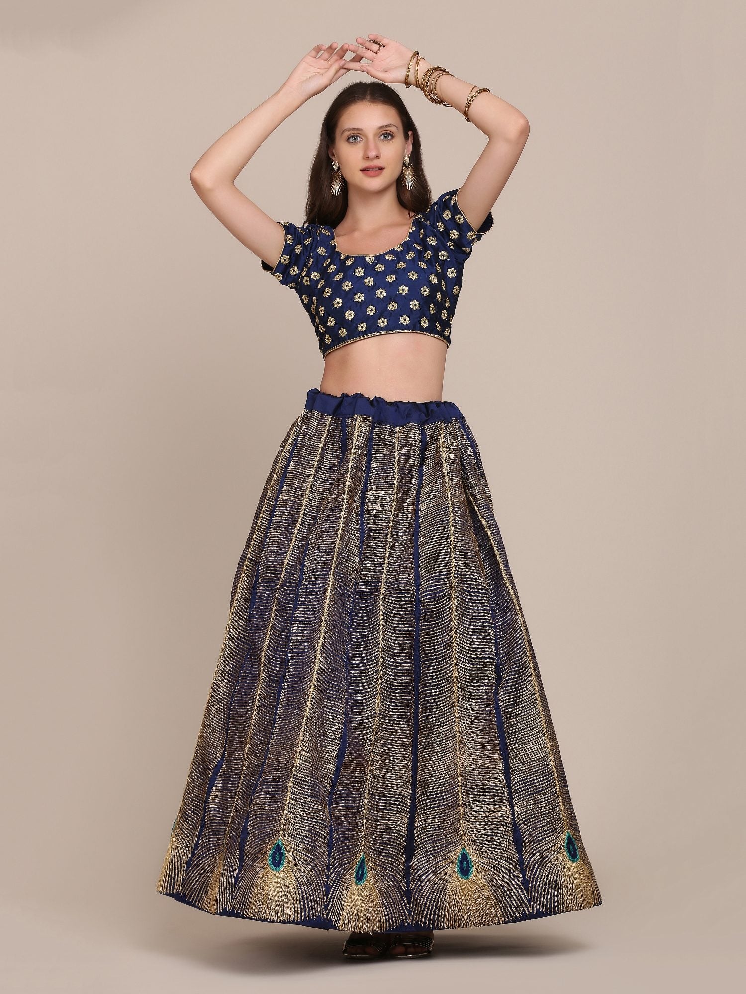 Navy Blue & Gold Peacock Motif Festive & Wedding Wear Semi-Stitched Georgette Lehenga Choli with Foil Print Work