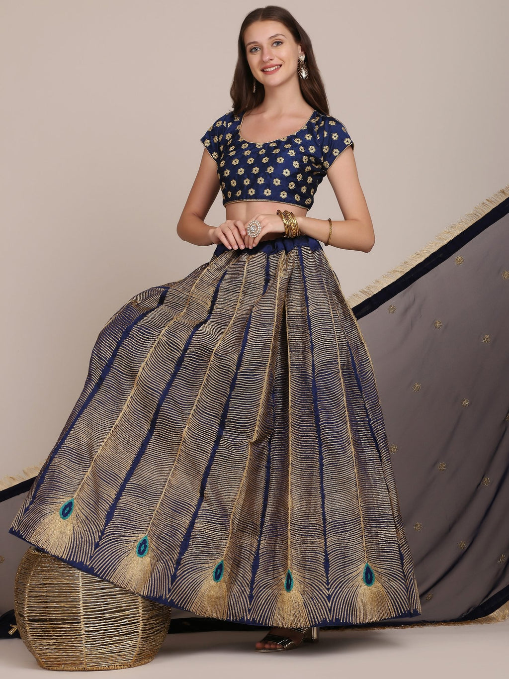 Navy Blue & Gold Peacock Motif Festive & Wedding Wear Semi-Stitched Georgette Lehenga Choli with Foil Print Work