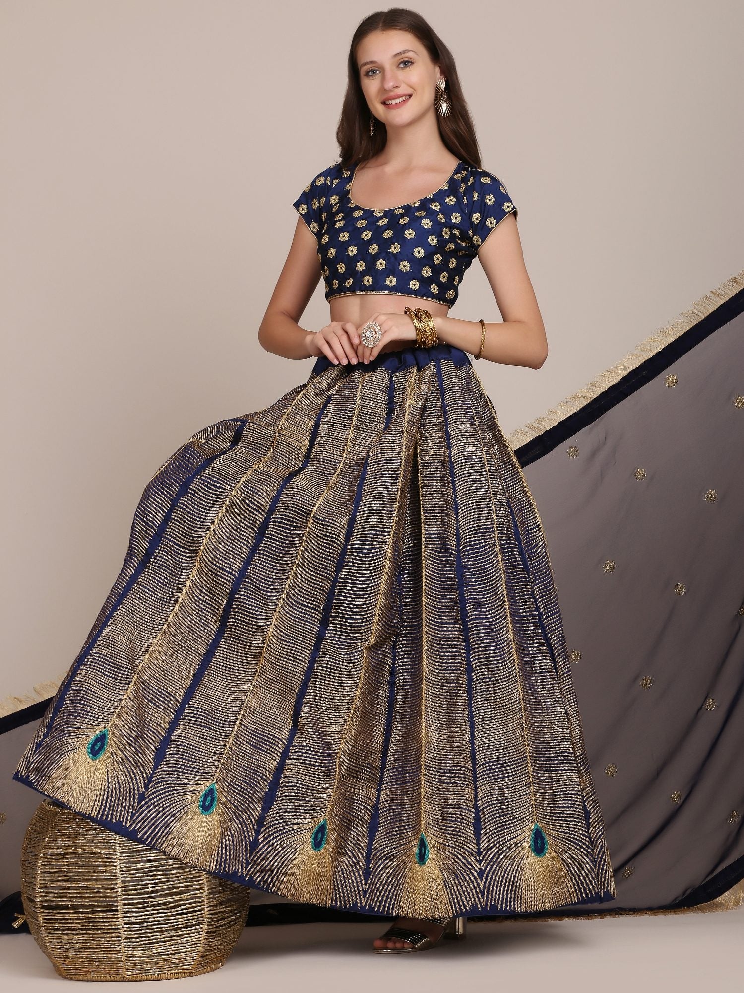 Navy Blue & Gold Peacock Motif Festive & Wedding Wear Semi-Stitched Georgette Lehenga Choli with Foil Print Work