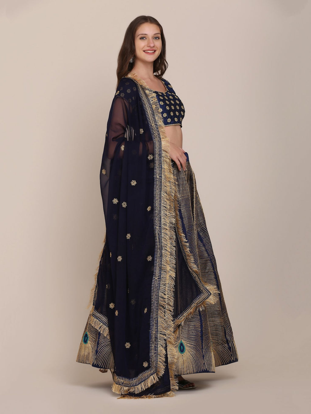 Navy Blue & Gold Peacock Motif Festive & Wedding Wear Semi-Stitched Georgette Lehenga Choli with Foil Print Work