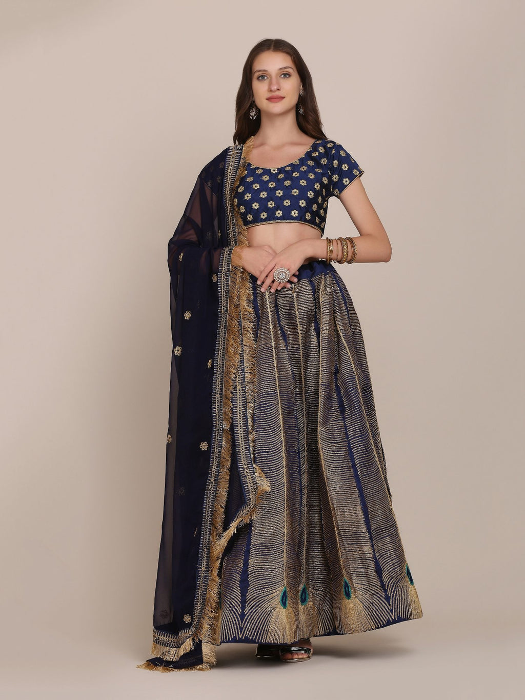 Navy Blue & Gold Peacock Motif Festive & Wedding Wear Semi-Stitched Georgette Lehenga Choli with Foil Print Work