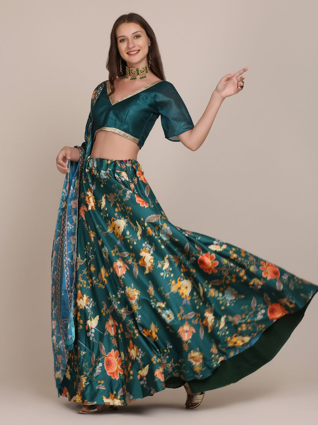 Emerald Green Floral Print Festive & Wedding Wear Semi-Stitched Crepe Lehenga Choli with Digital Floral Print Border Work