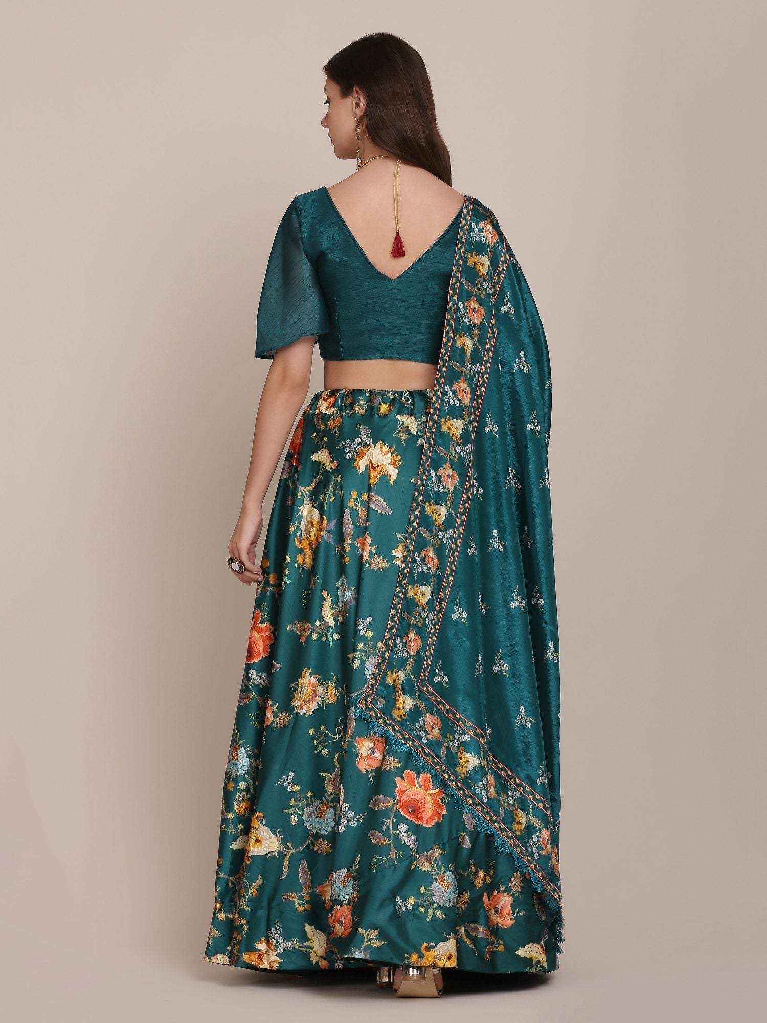 Emerald Green Floral Print Festive & Wedding Wear Semi-Stitched Crepe Lehenga Choli with Digital Floral Print Border Work