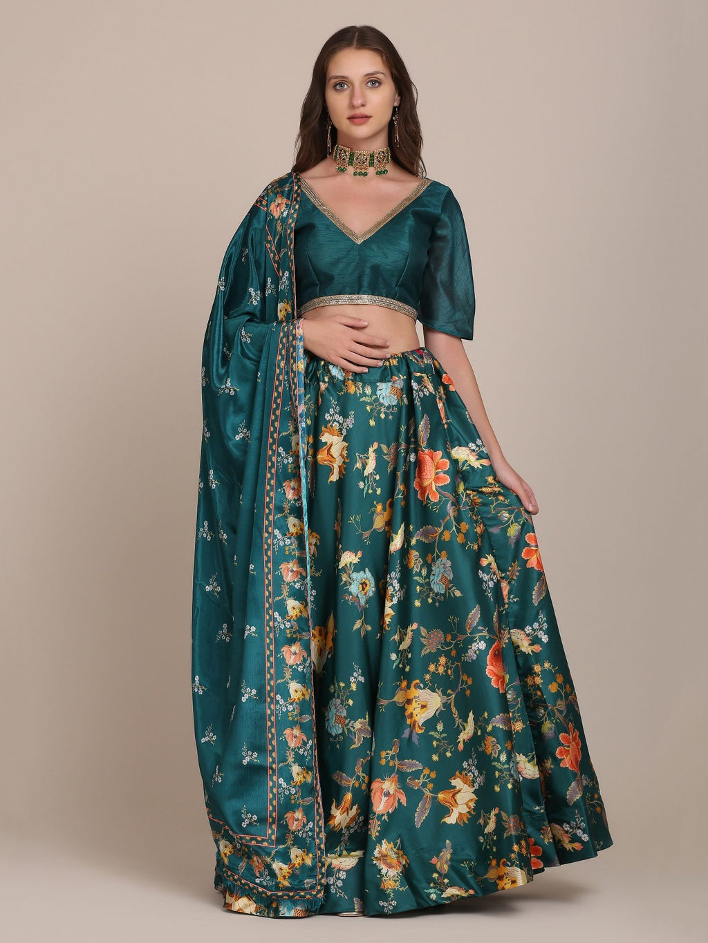 Emerald Green Floral Print Festive & Wedding Wear Semi-Stitched Crepe Lehenga Choli with Digital Floral Print Border Work
