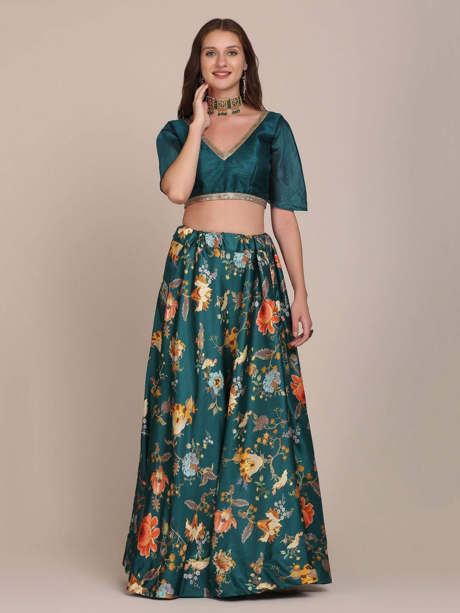 Emerald Green Floral Print Festive & Wedding Wear Semi-Stitched Crepe Lehenga Choli with Digital Floral Print Border Work