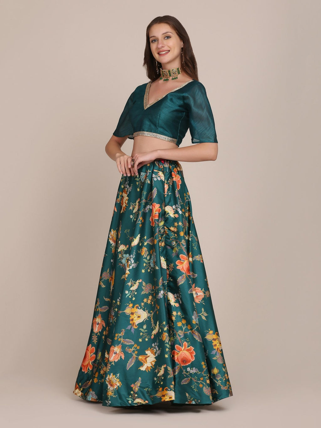 Emerald Green Floral Print Festive & Wedding Wear Semi-Stitched Crepe Lehenga Choli with Digital Floral Print Border Work