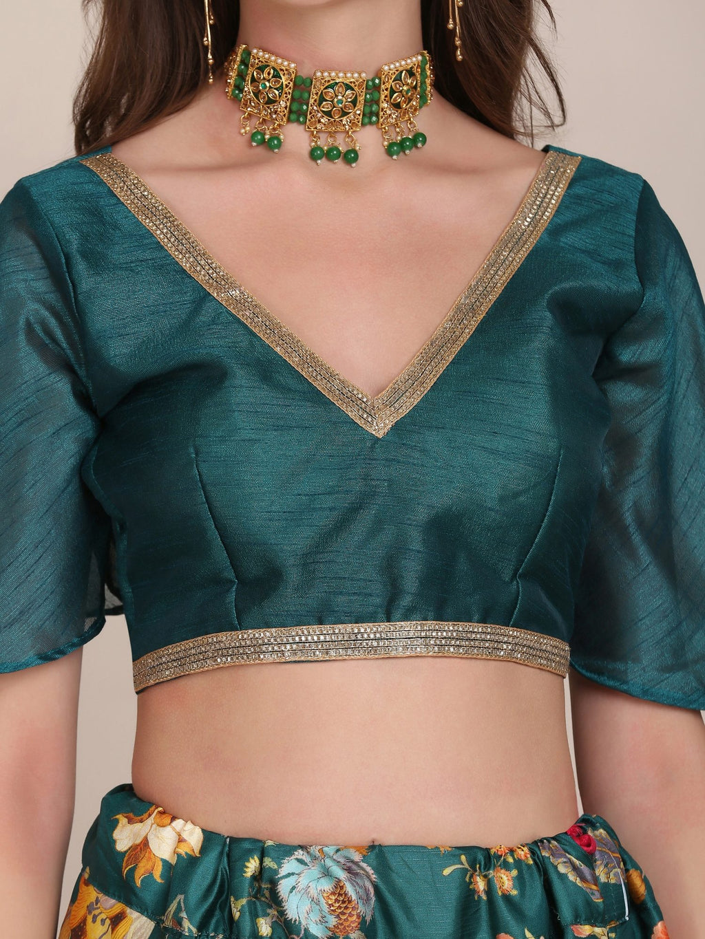 Emerald Green Floral Print Festive & Wedding Wear Semi-Stitched Crepe Lehenga Choli with Digital Floral Print Border Work