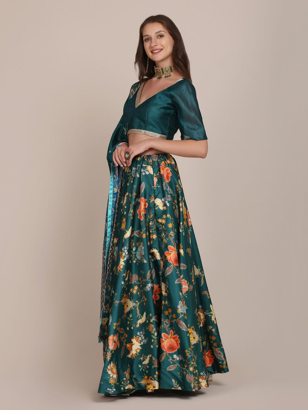 Emerald Green Floral Print Festive & Wedding Wear Semi-Stitched Crepe Lehenga Choli with Digital Floral Print Border Work