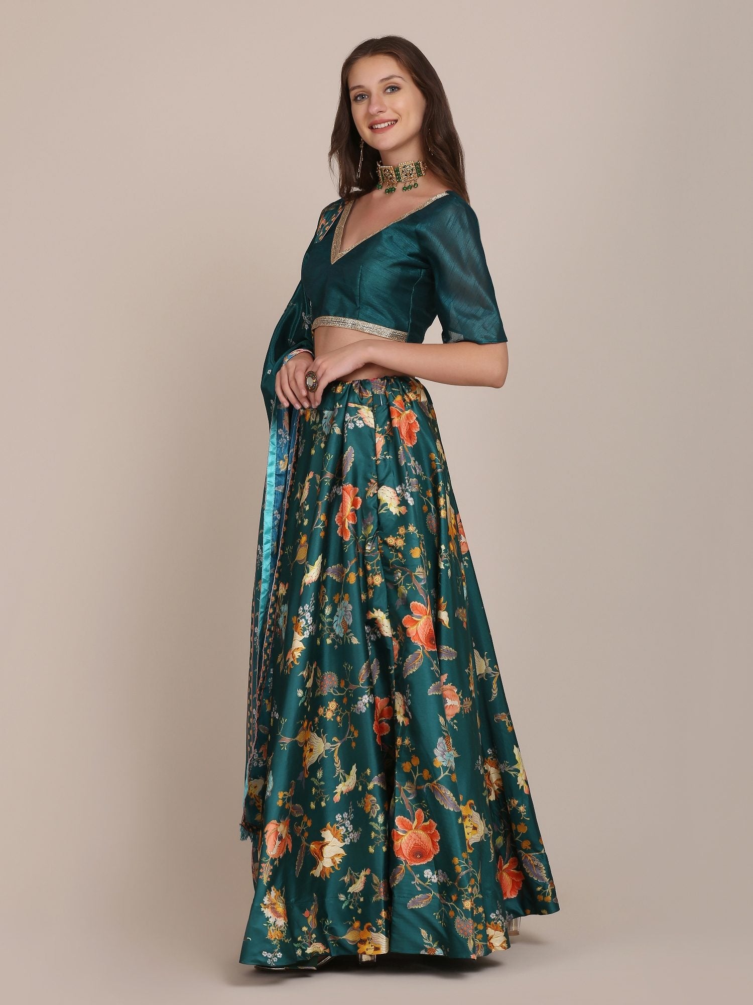Emerald Green Floral Print Festive & Wedding Wear Semi-Stitched Crepe Lehenga Choli with Digital Floral Print Border Work