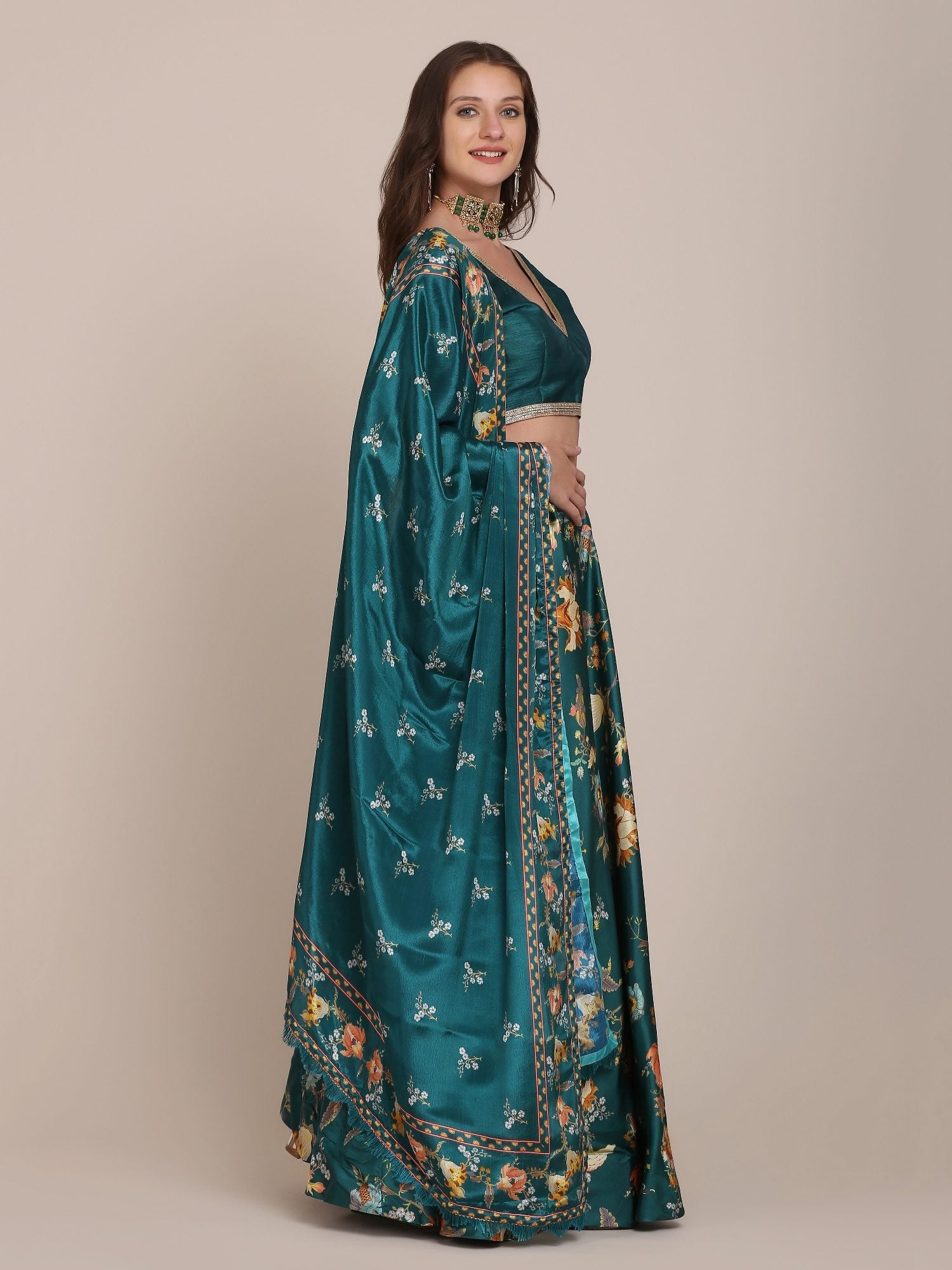 Emerald Green Floral Print Festive & Wedding Wear Semi-Stitched Crepe Lehenga Choli with Digital Floral Print Border Work