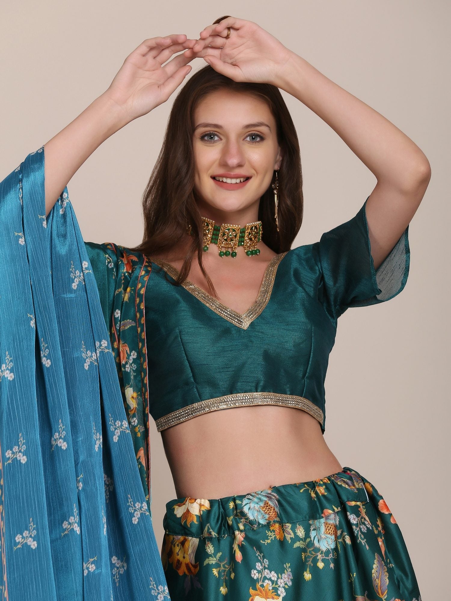 Emerald Green Floral Print Festive & Wedding Wear Semi-Stitched Crepe Lehenga Choli with Digital Floral Print Border Work