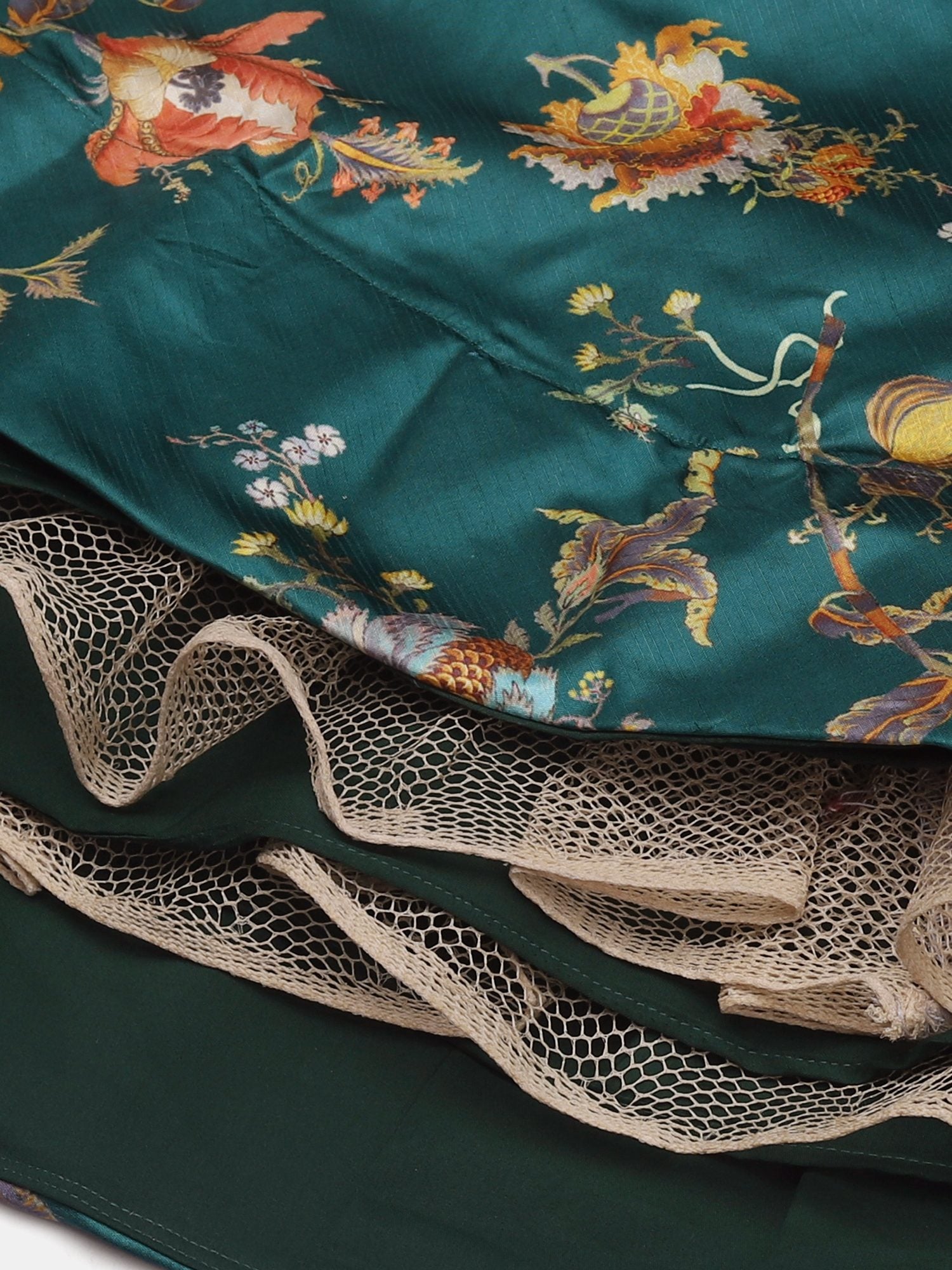 Emerald Green Floral Print Festive & Wedding Wear Semi-Stitched Crepe Lehenga Choli with Digital Floral Print Border Work