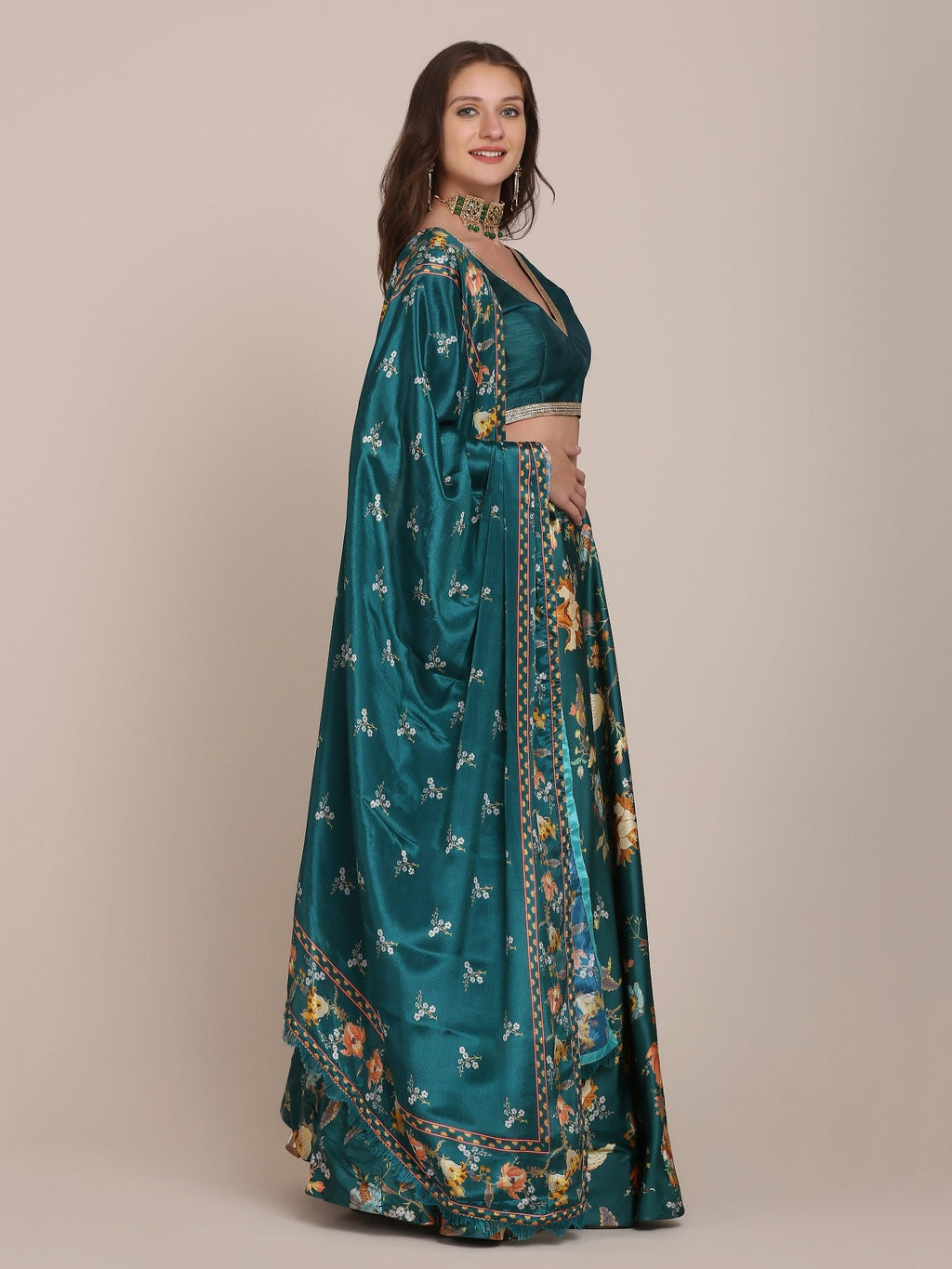 Emerald Green Floral Print Festive & Wedding Wear Semi-Stitched Crepe Lehenga Choli with Digital Floral Print Border Work