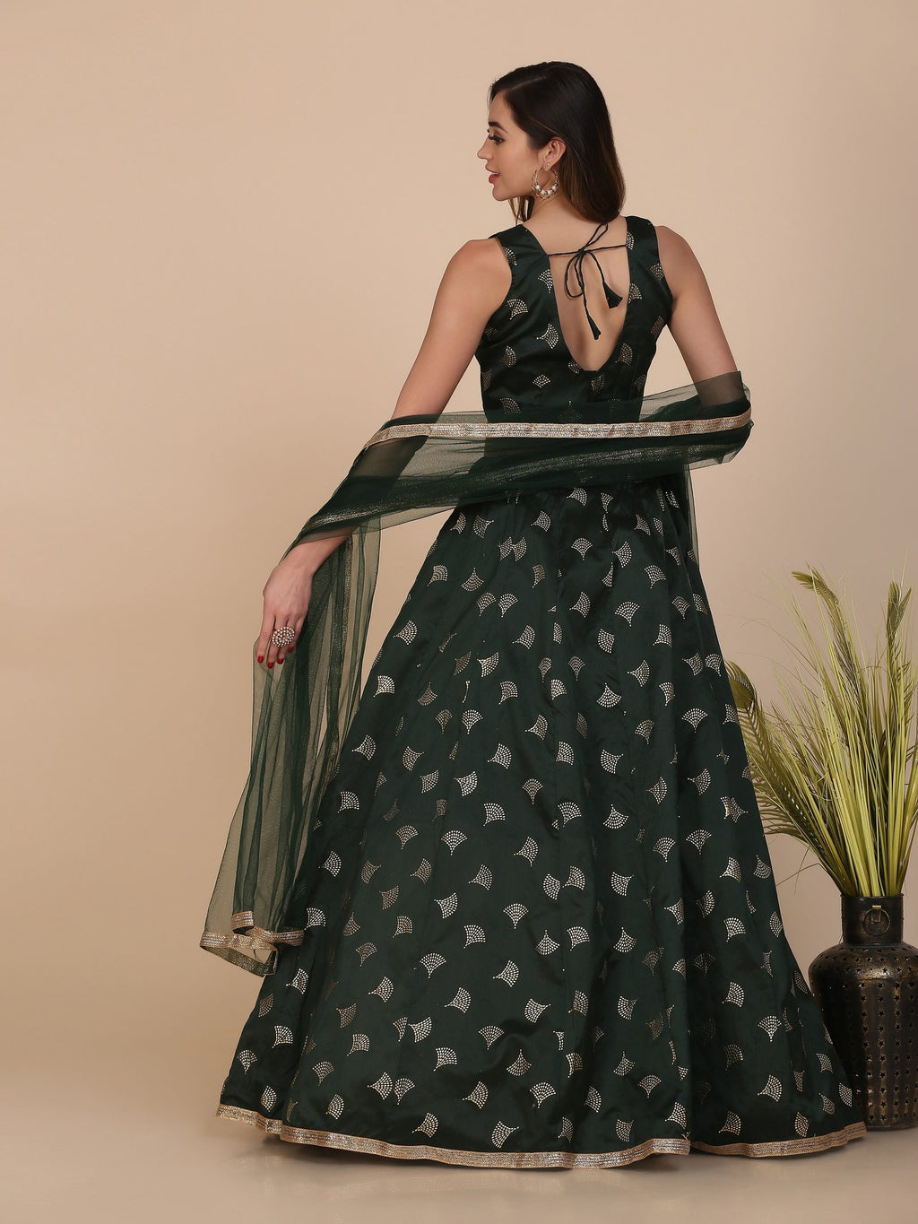 Elegant Dark Green & Gold Motif Festive & Wedding Wear Semi-Stitched Silk Blend Lehenga Choli with Foil Print Work
