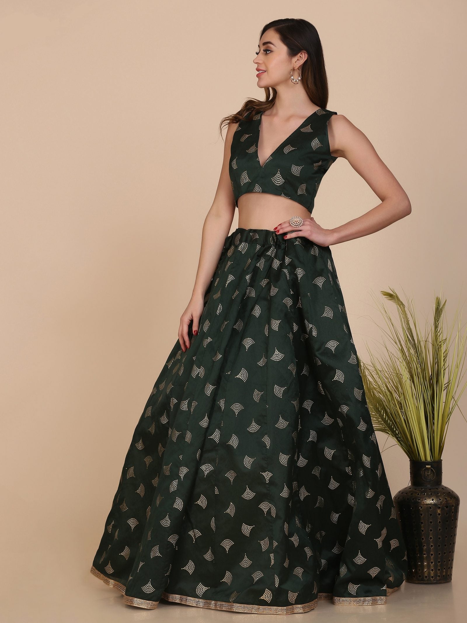 Elegant Dark Green & Gold Motif Festive & Wedding Wear Semi-Stitched Silk Blend Lehenga Choli with Foil Print Work