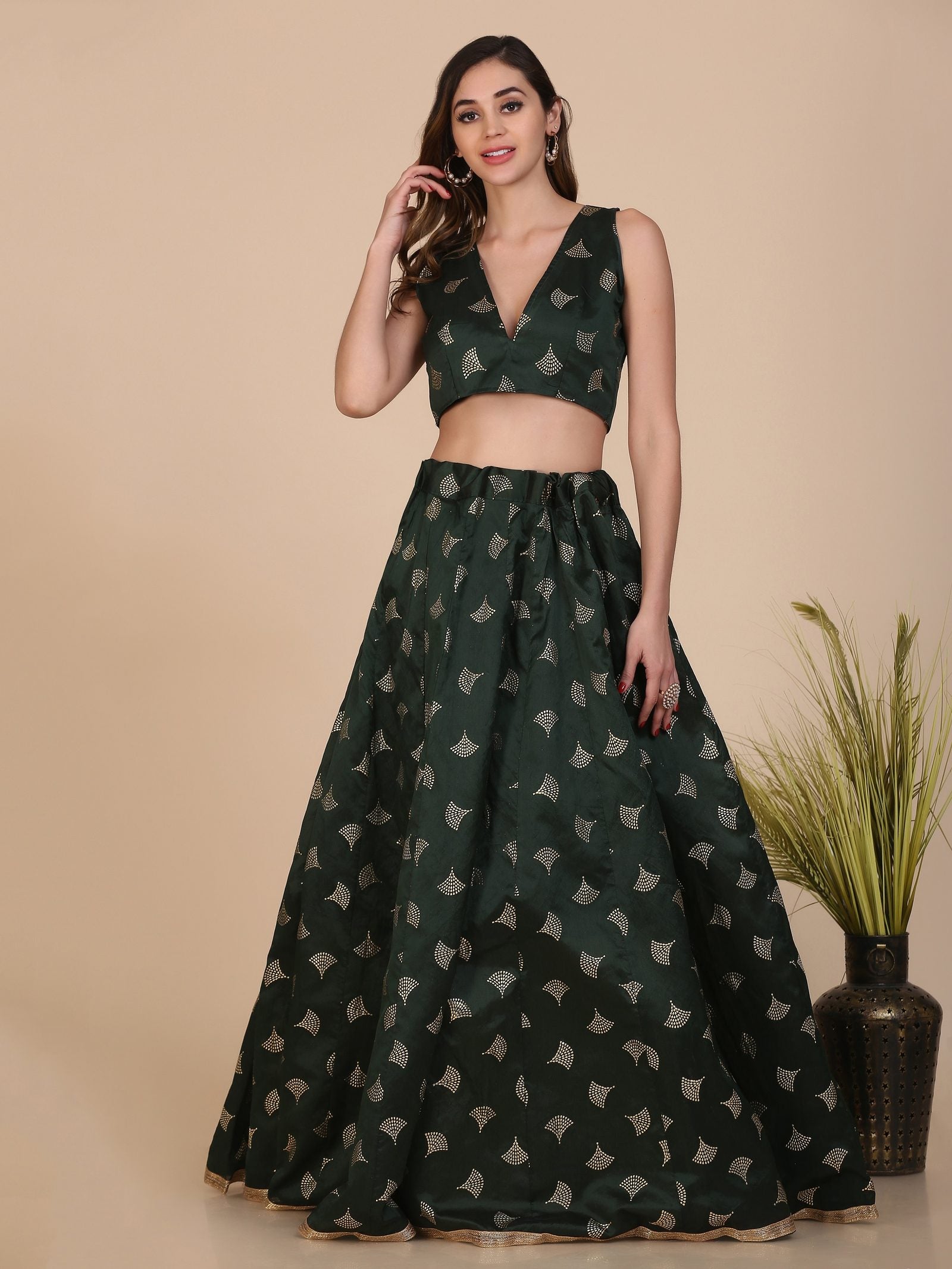 Elegant Dark Green & Gold Motif Festive & Wedding Wear Semi-Stitched Silk Blend Lehenga Choli with Foil Print Work