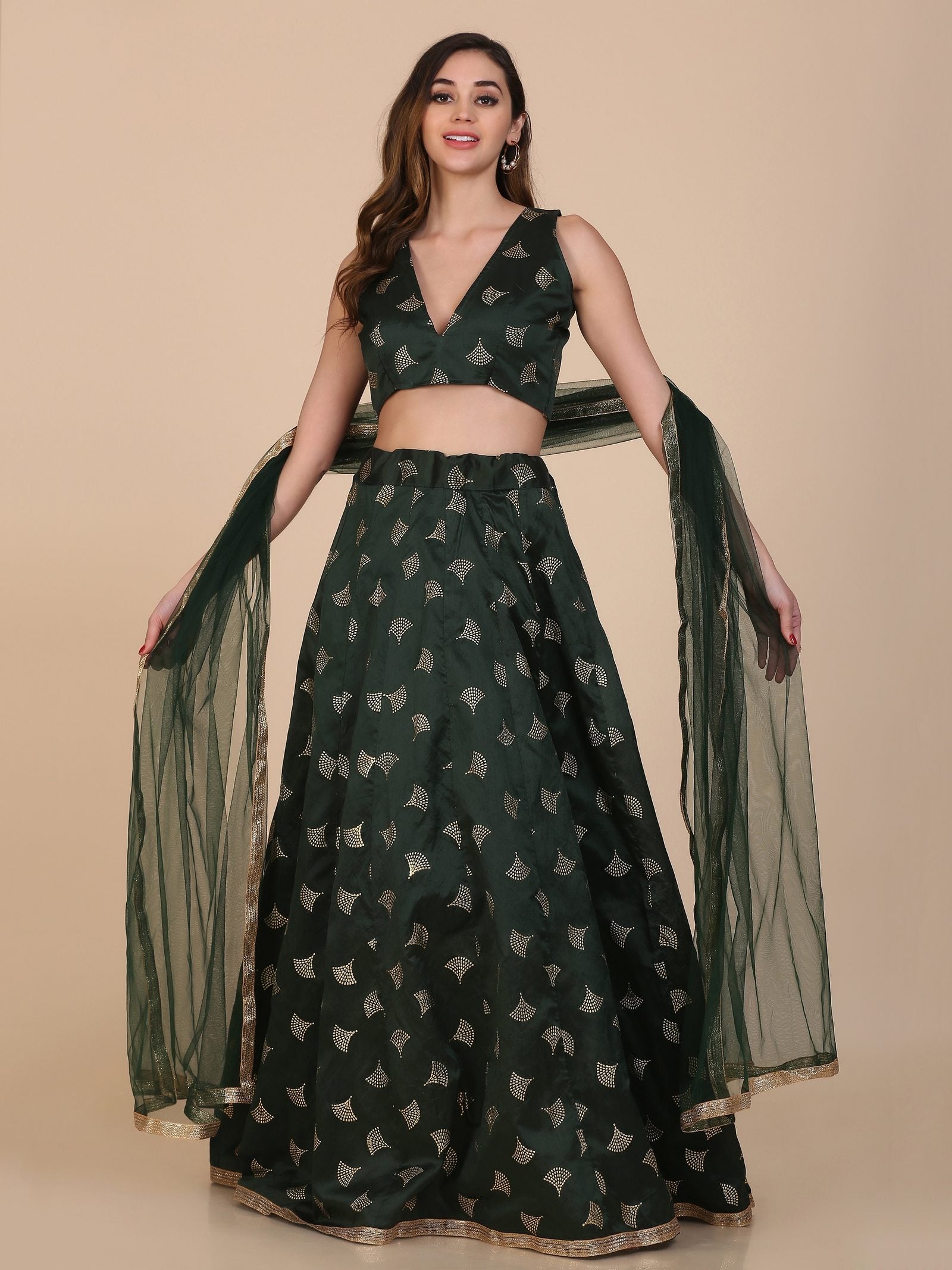Elegant Dark Green & Gold Motif Festive & Wedding Wear Semi-Stitched Silk Blend Lehenga Choli with Foil Print Work